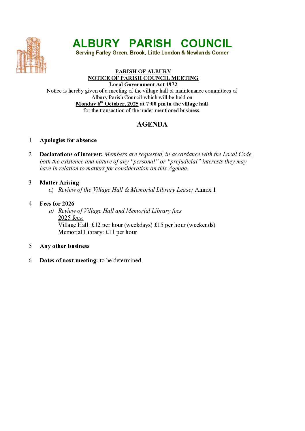 20251006 – APC Village Hall Sub-Committee Meeting Agenda 6th October 2025