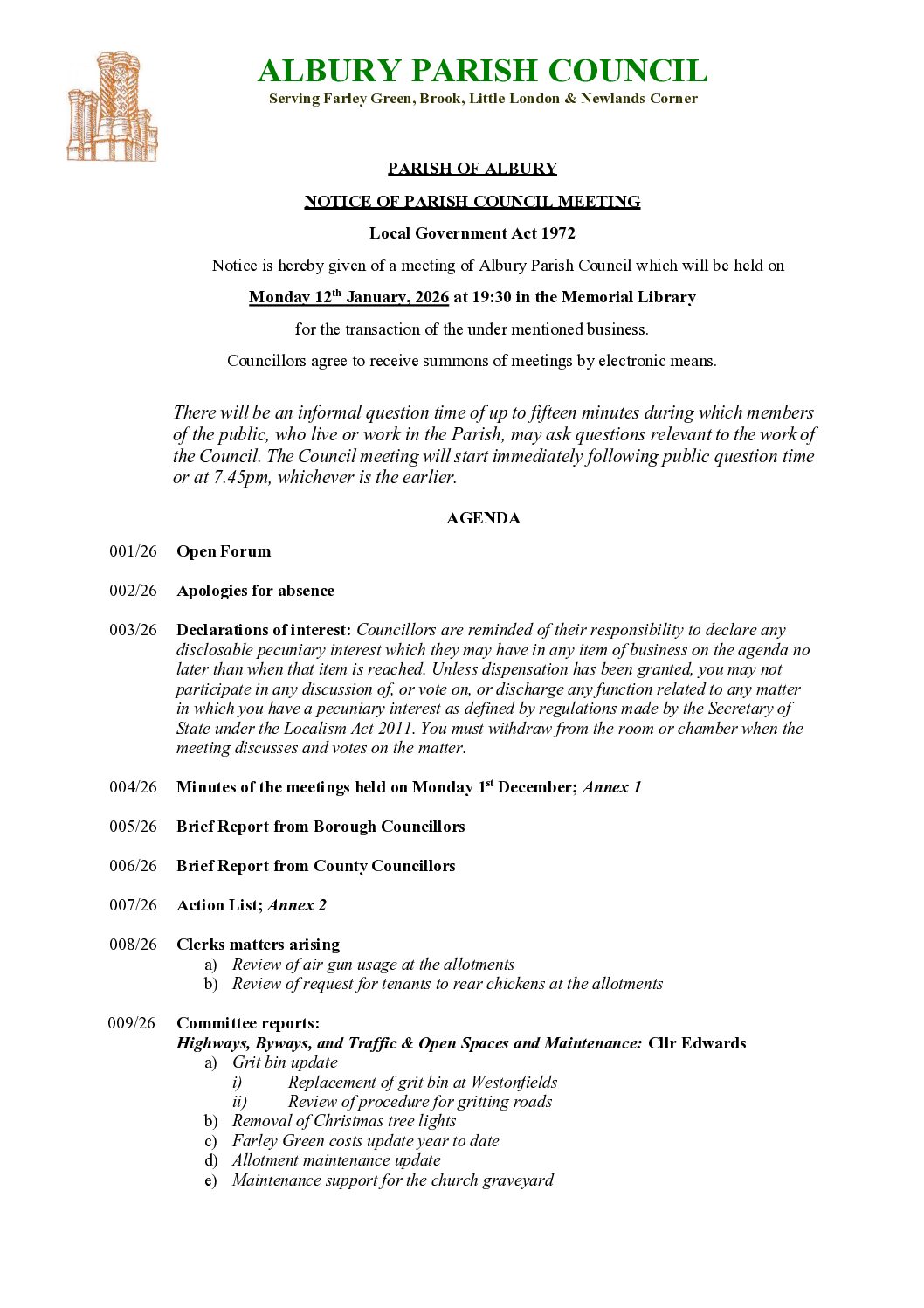 01.26 Full Council Meeting Agenda January 2026